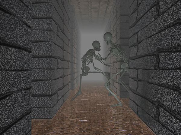 Skeletons in a misty hallway